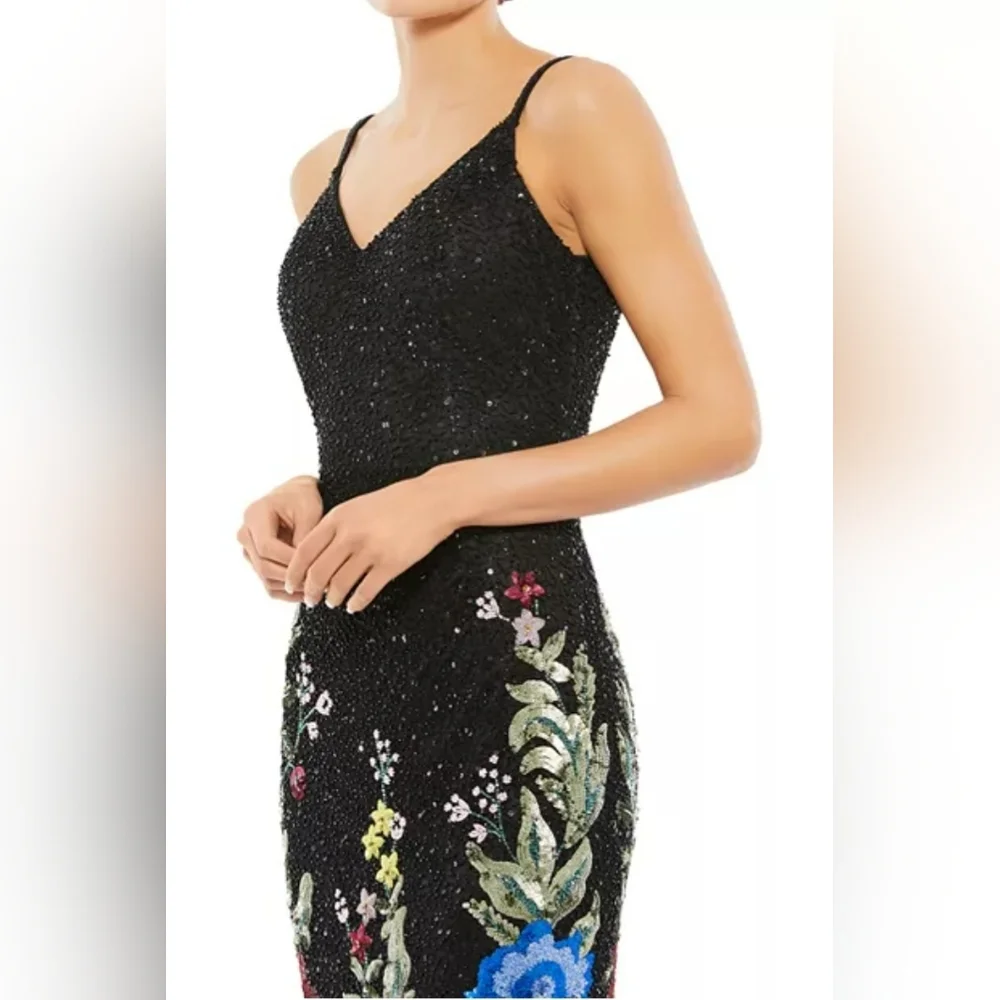 NWT MAC DUGGAL Floral Embellished Spaghetti Strap Gown Black Size 14 - Picture 3 of 12